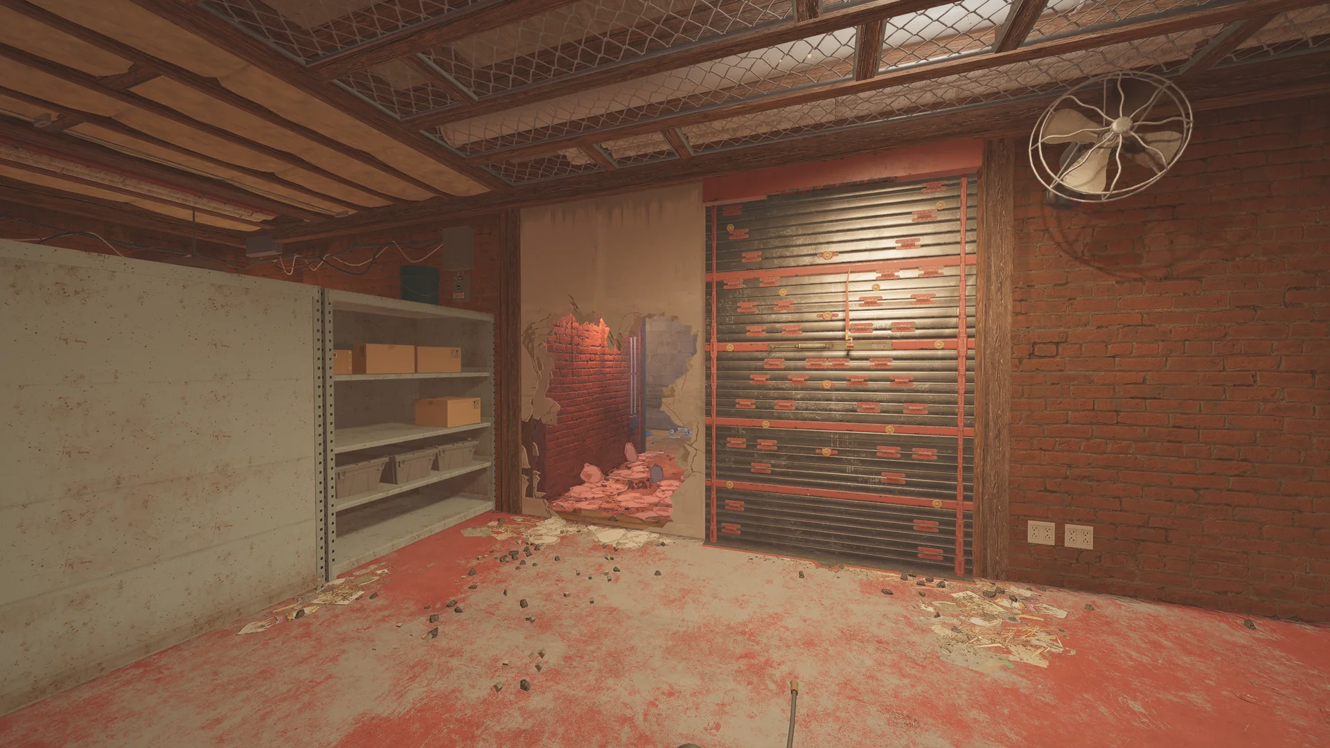 Room in the Oregon basement with box shelving, a breached wall opening to a brick corridor and a wall-mounted fan