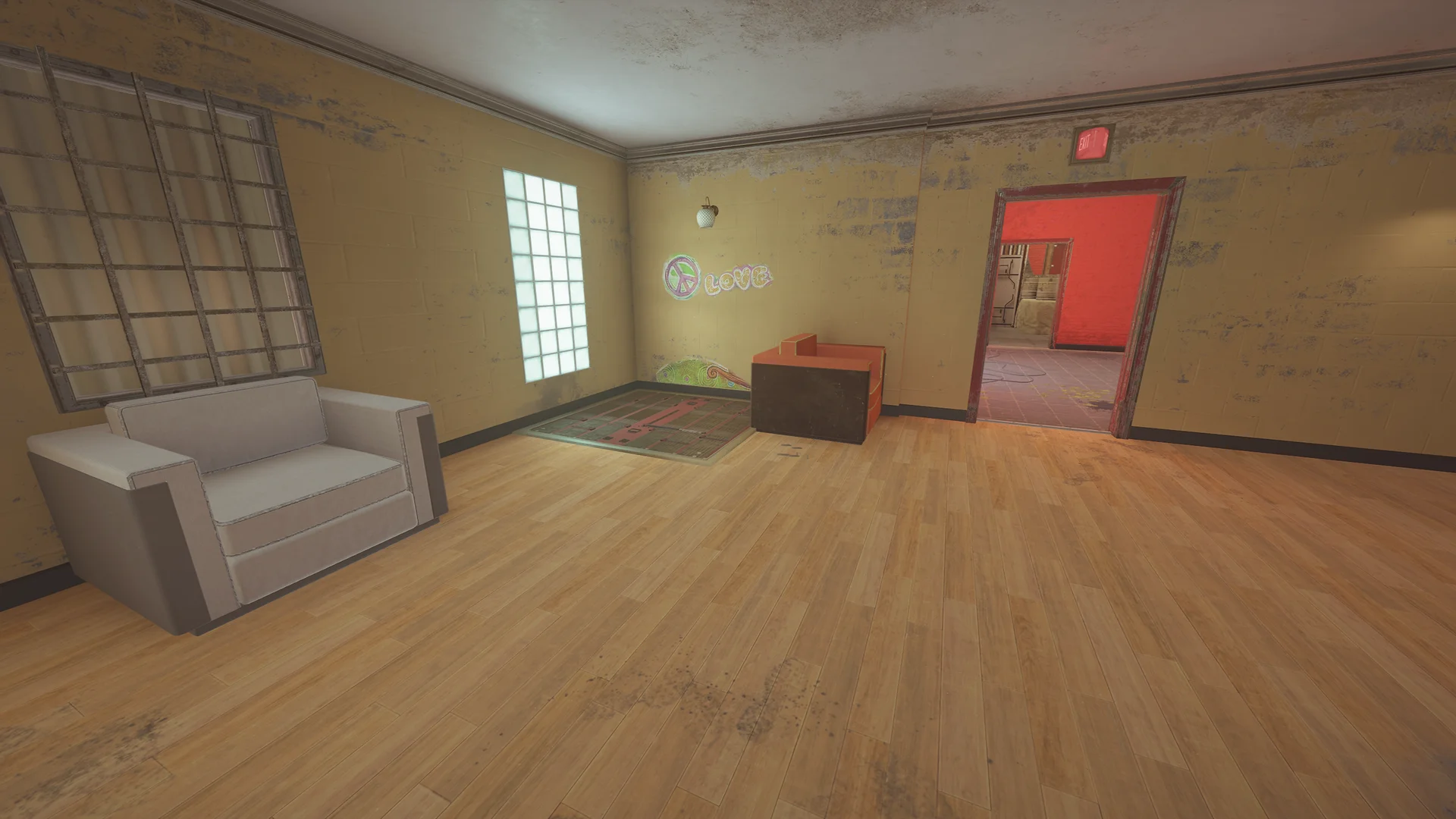 Room on Outback 1F with LOVE graffiti, a grey armchair, a reinforced floor hatch and a red doorway marked EXIT