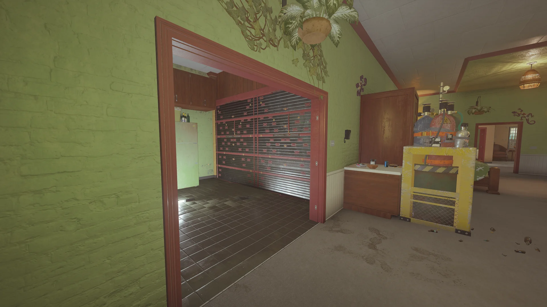 Green-walled room on Outback 1F opening to a dark-tiled kitchen with a reinforced shutter and a mint refrigerator