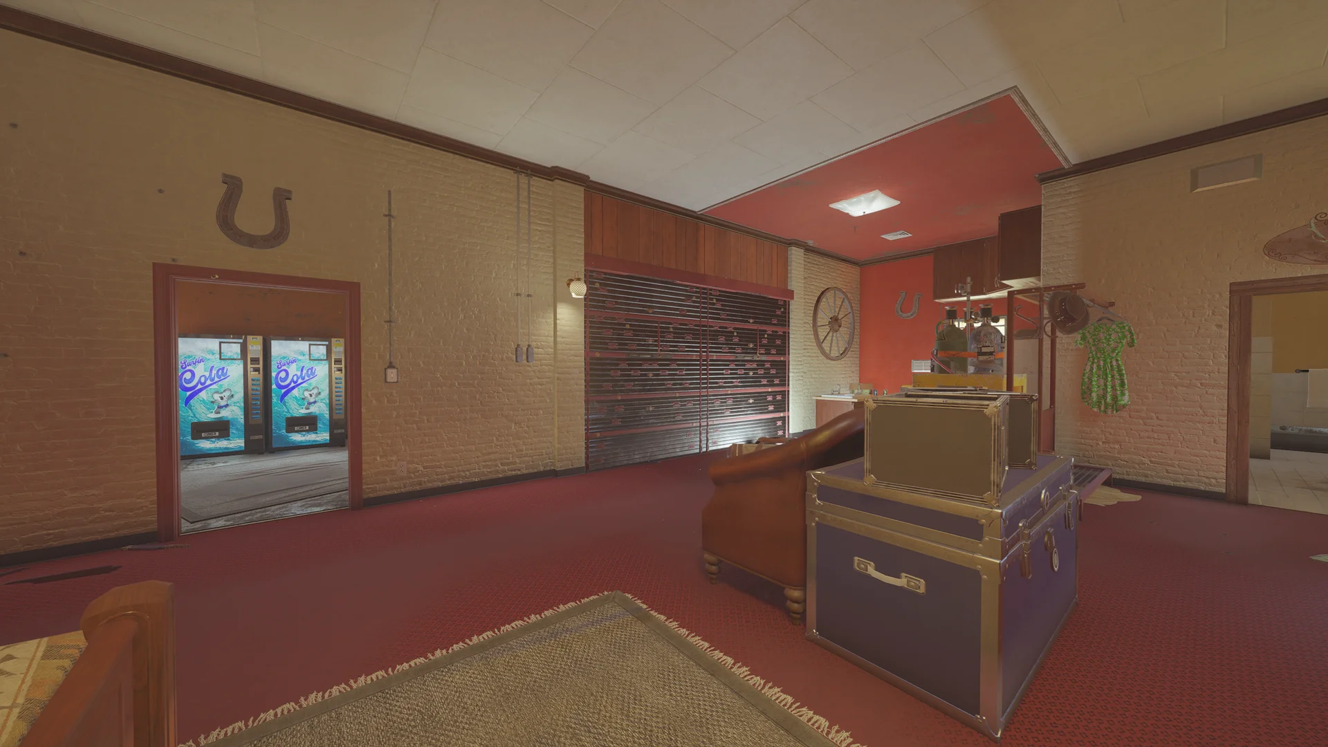 Red-carpeted room on Outback 1F with horseshoes on the wall, a reinforced shutter and vending machines through a doorway