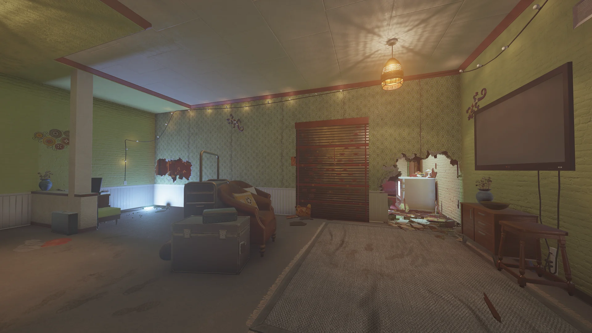Green-papered lounge on Outback 1F with string lights, a reinforced shutter, a breached wall and a TV on the brick wall