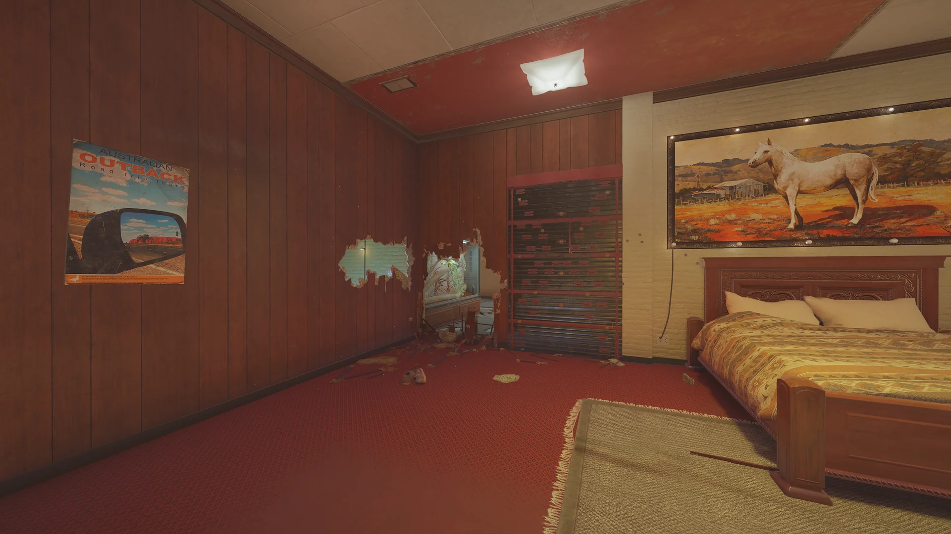 Motel bedroom on Outback 1F with a horse painting above the bed, a reinforced shutter and a breach hole in wood panelling