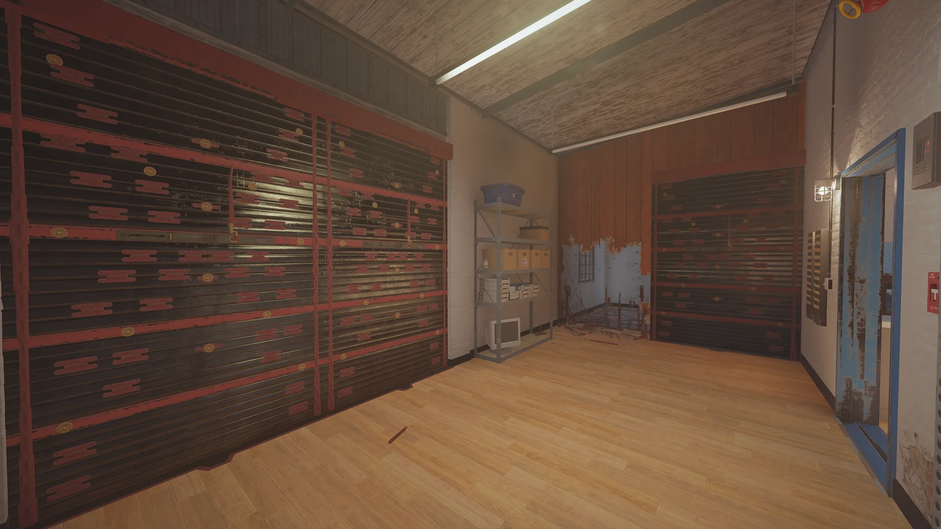 Room on Outback 2F with two reinforced shutter walls, a metal shelf of boxes and a breached wall patch by a barred window
