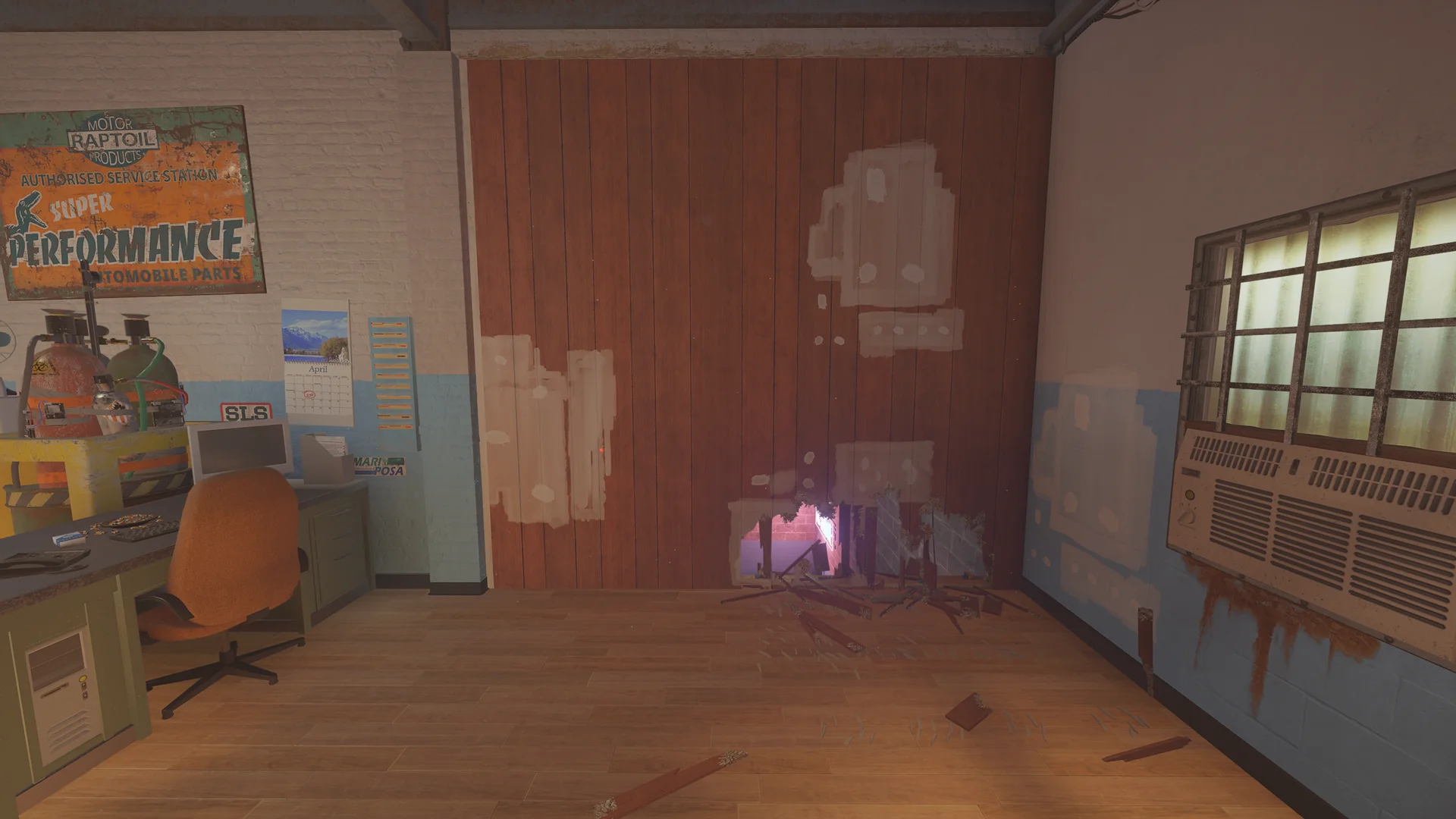Workshop office on Outback 2F with a service-station sign, a desk with a monitor and a low breach hole in wood panelling