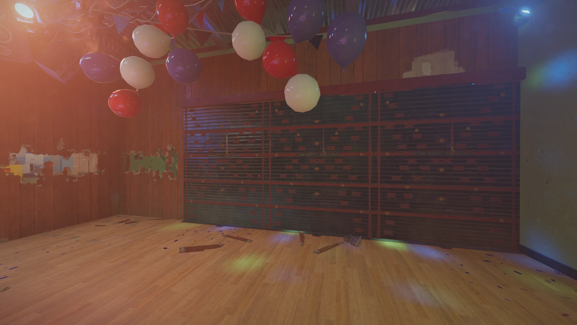 Party room on Outback 2F with balloons hanging from the ceiling and a wide reinforced shutter wall over a wooden floor