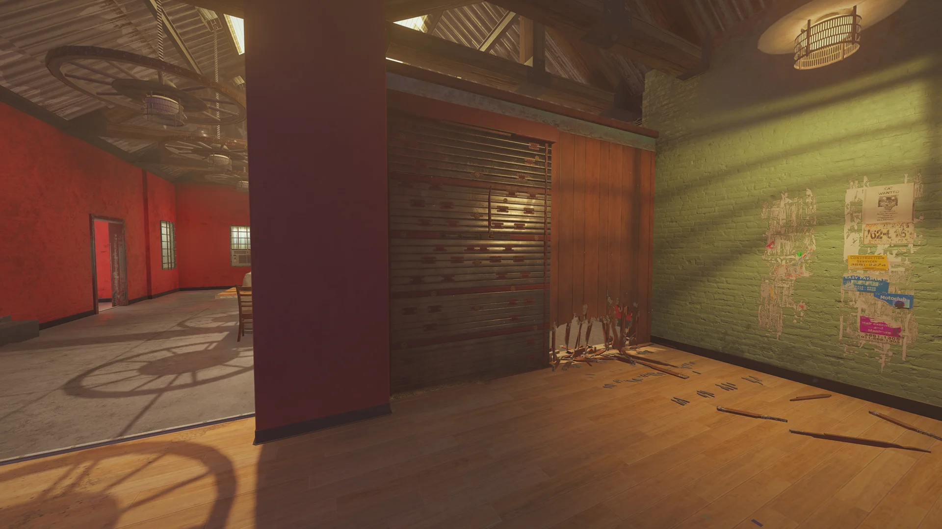 Loft on Outback 2F with wagon-wheel chandeliers, a reinforced shutter beside a breached wooden panel and old posters