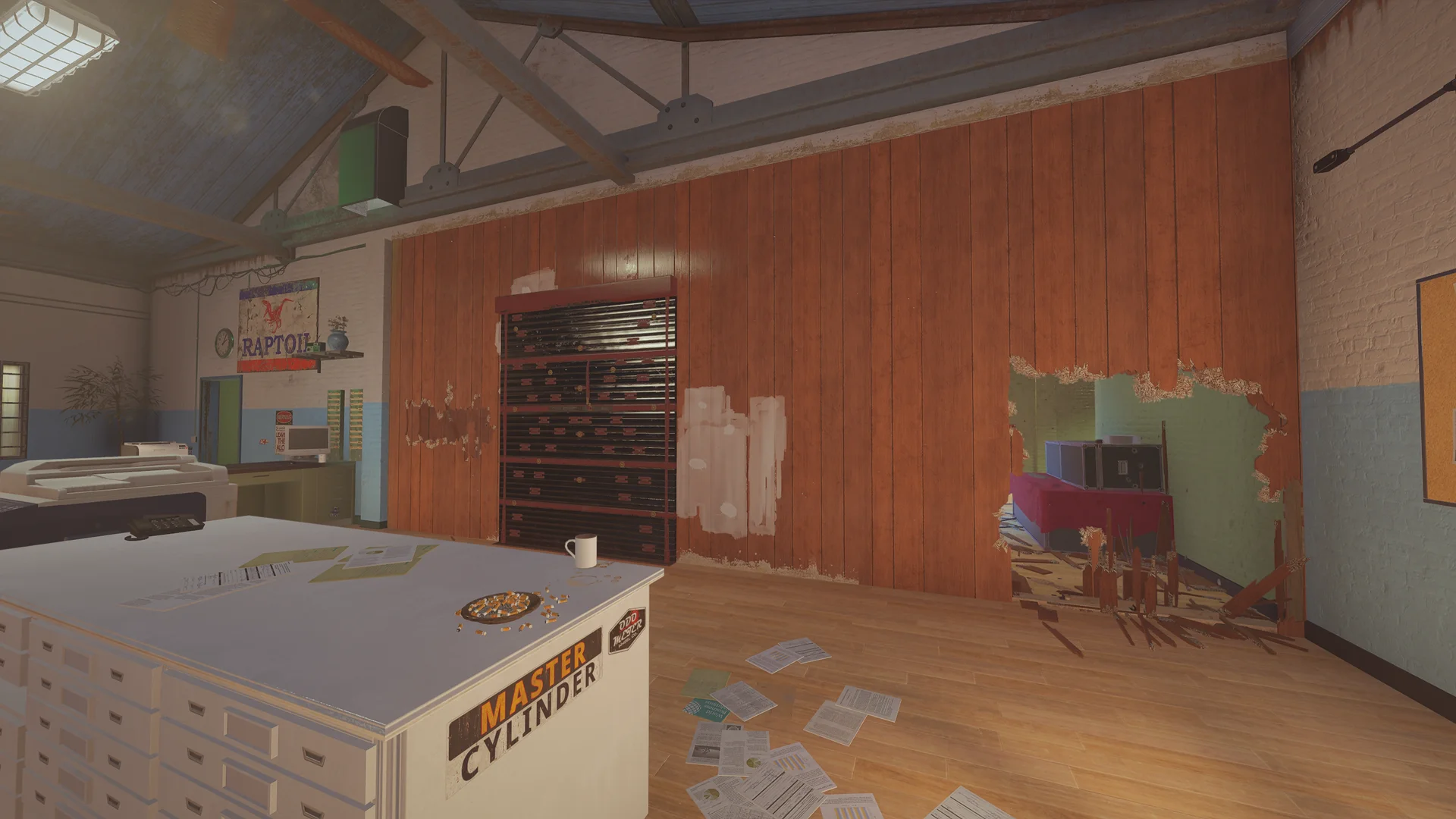Office on Outback 2F with printers, a counter labeled Master Cylinder, a reinforced shutter and a breached panel wall