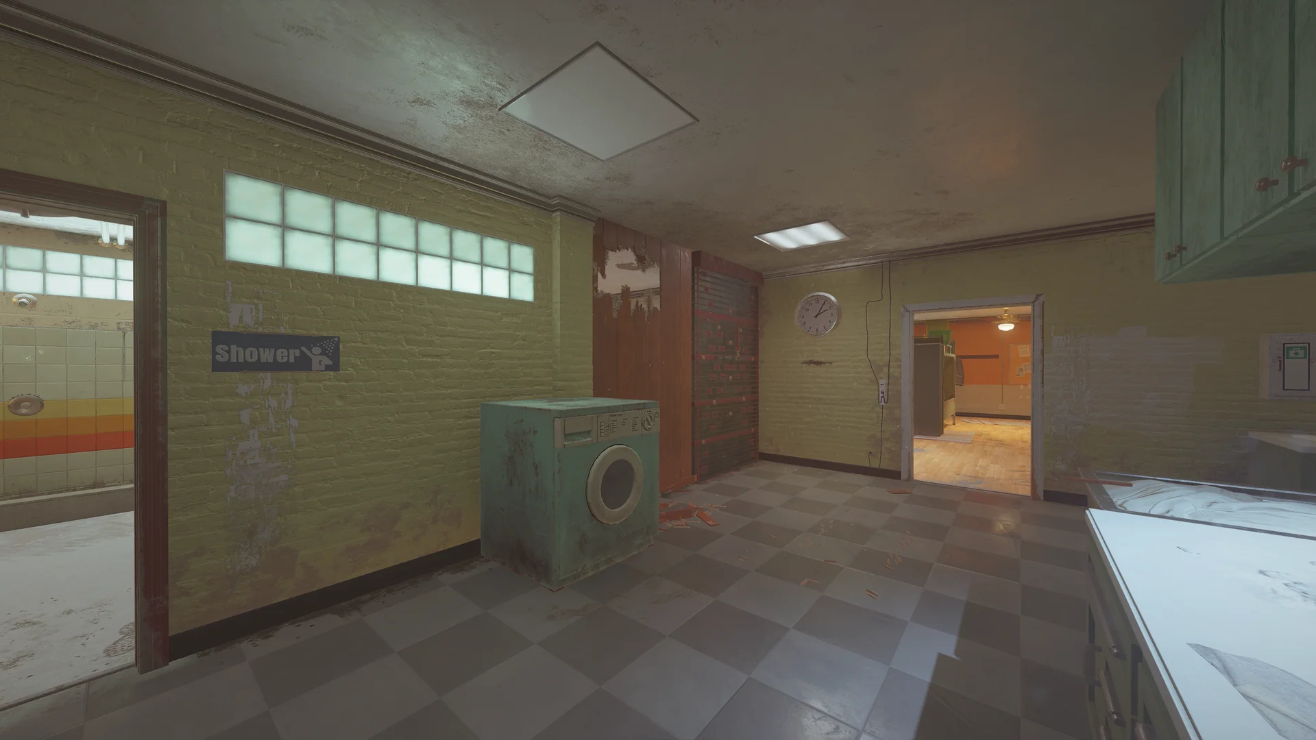 Room on Outback 2F with a Shower sign, glass-block windows, a teal washing machine, a wall clock and a lit doorway