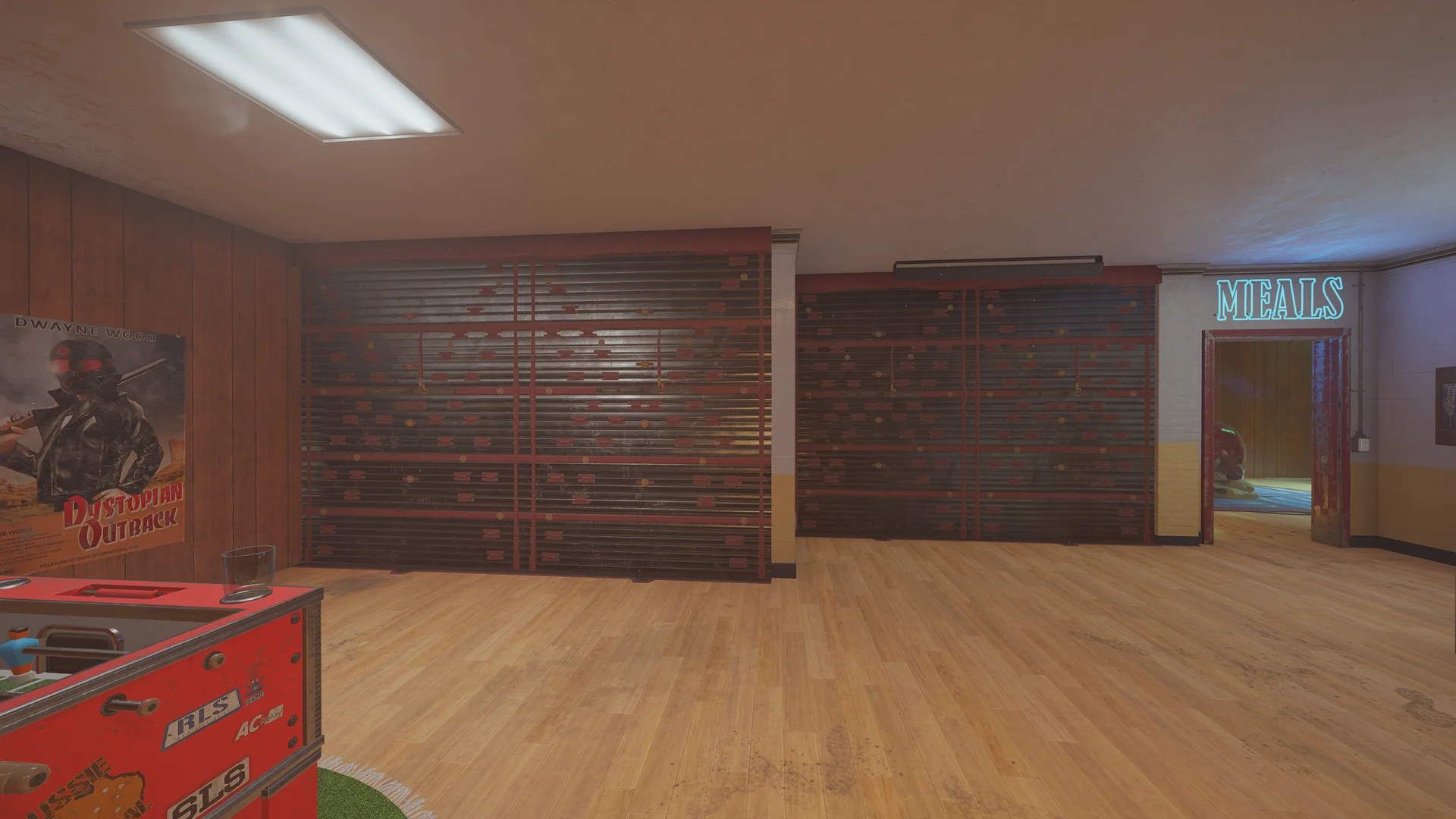 Room on Outback 2F with two reinforced shutter walls, a foosball table and a neon MEALS sign above a doorway