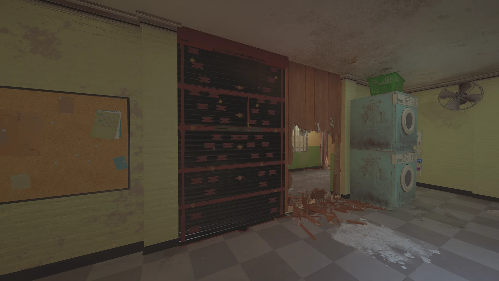 Laundry room on Outback 2F with a corkboard, a reinforced shutter, a breached wooden panel and stacked washing machines