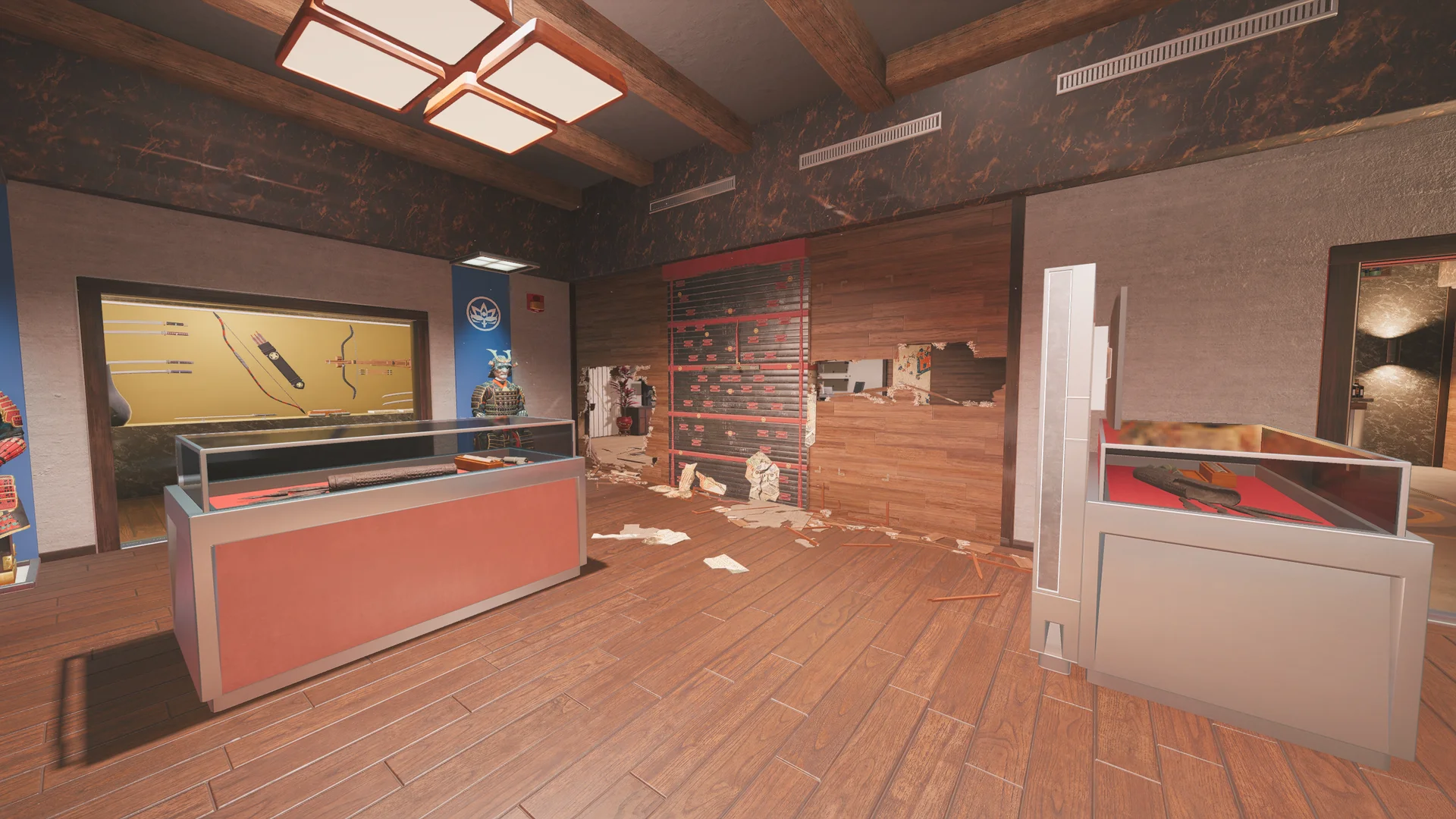 Display room on Skyscraper 1F with glass weapon cases, a samurai armor suit, mounted swords, and a hole in the wood wall