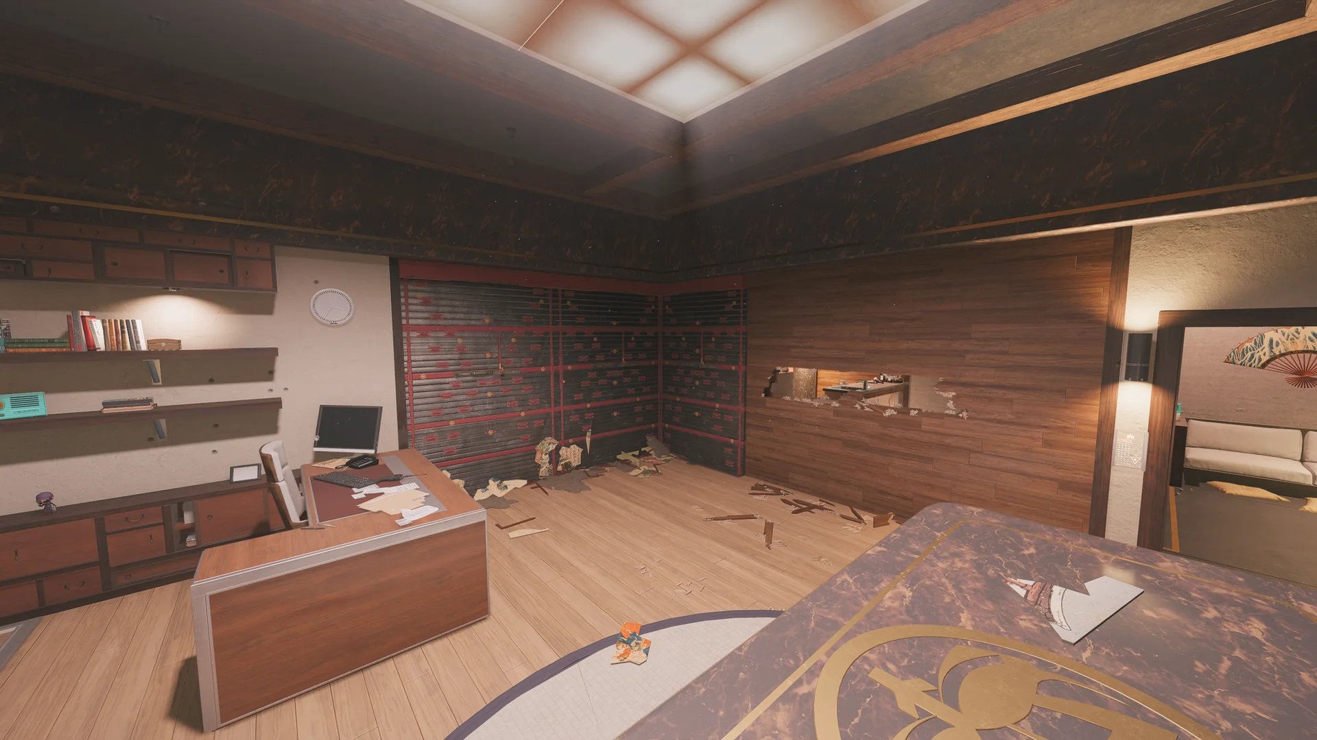 Office on Skyscraper 1F with a wooden desk, a corner slatted cabinet, and a hole broken through the wooden wall