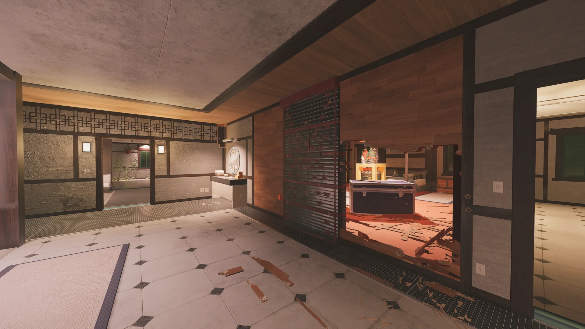 Tiled room on Skyscraper 1F with a red-and-black slatted cabinet and open sliding doors to a red-floored room with a chest