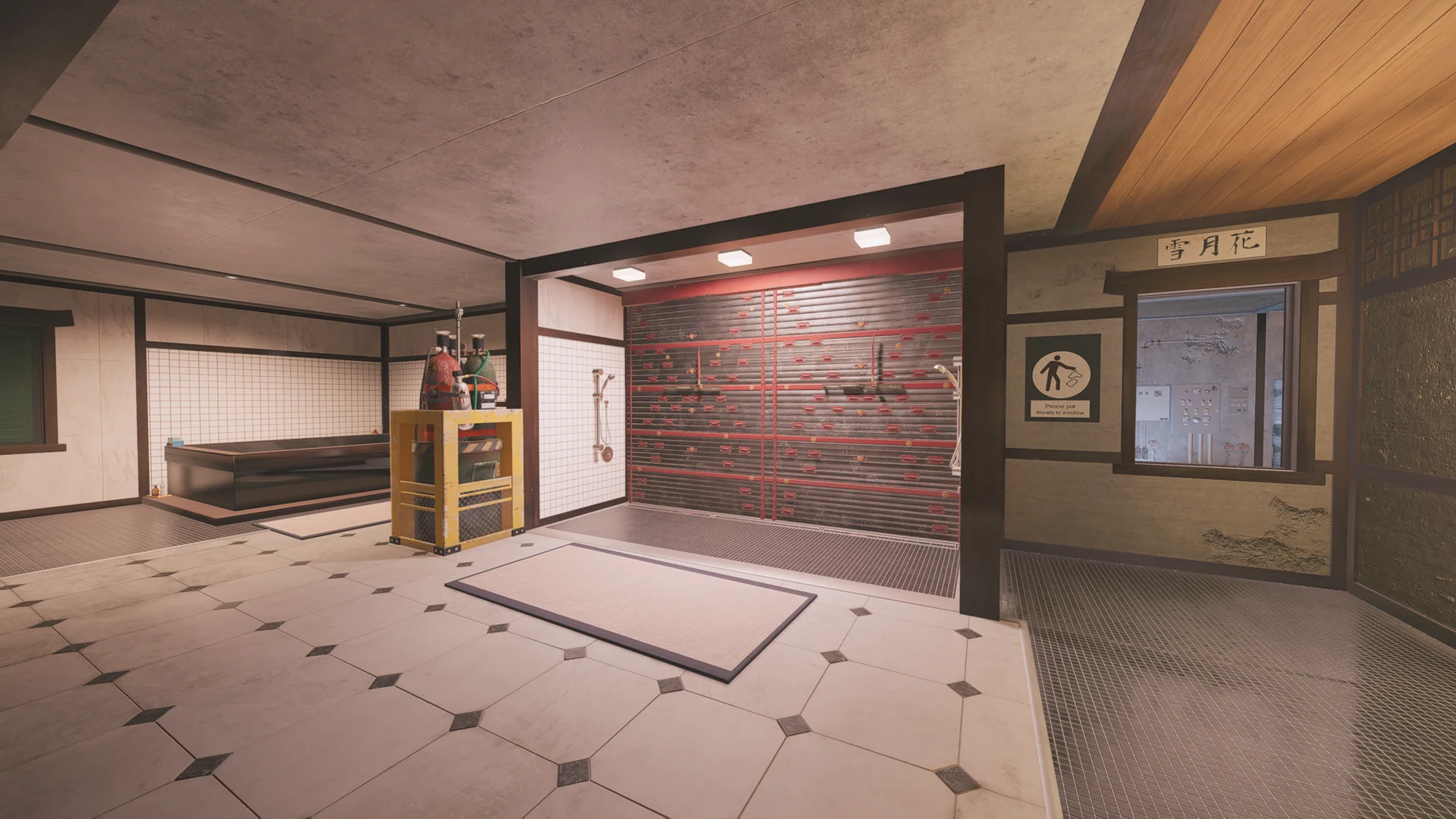 Tiled bath room on Skyscraper 1F with a sunken tub, a gas-cylinder cart, and a red-and-black slatted metal cabinet