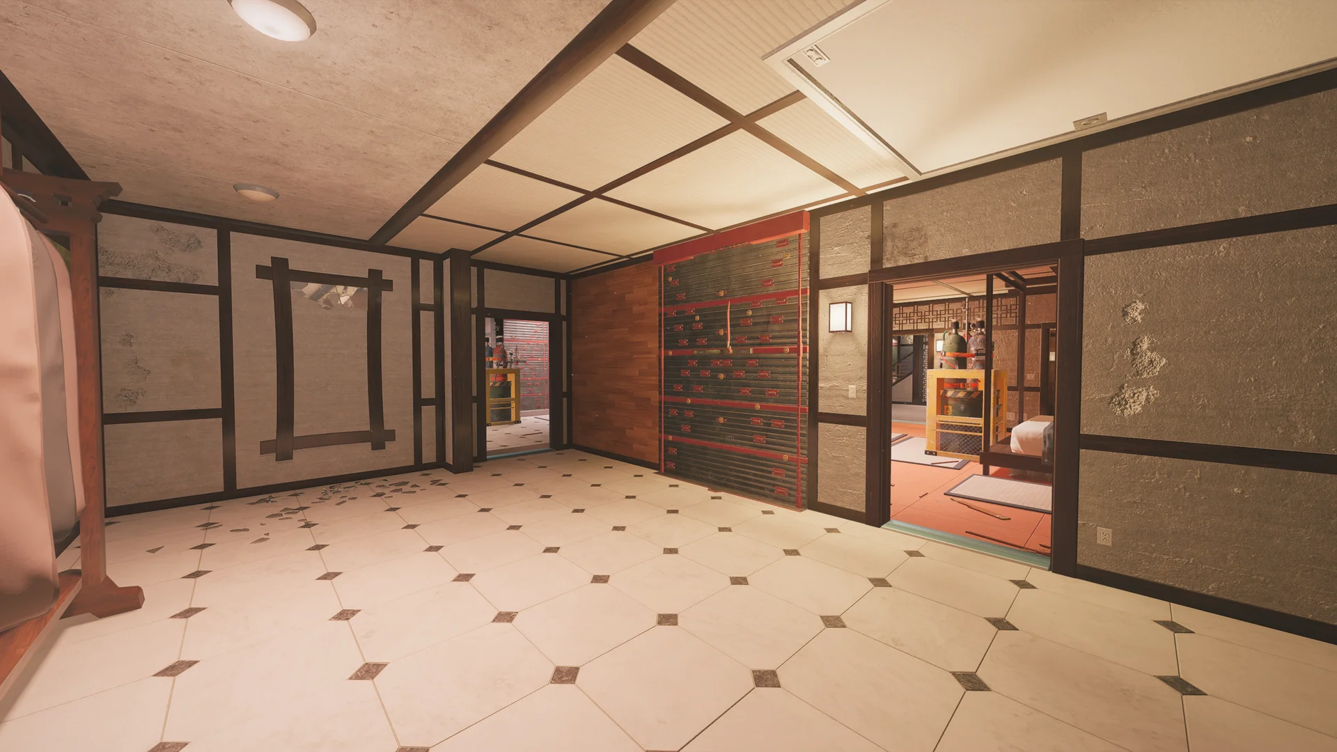 Wide tiled room on Skyscraper 1F with a red-and-black slatted cabinet and a square hole cut in a framed left wall panel