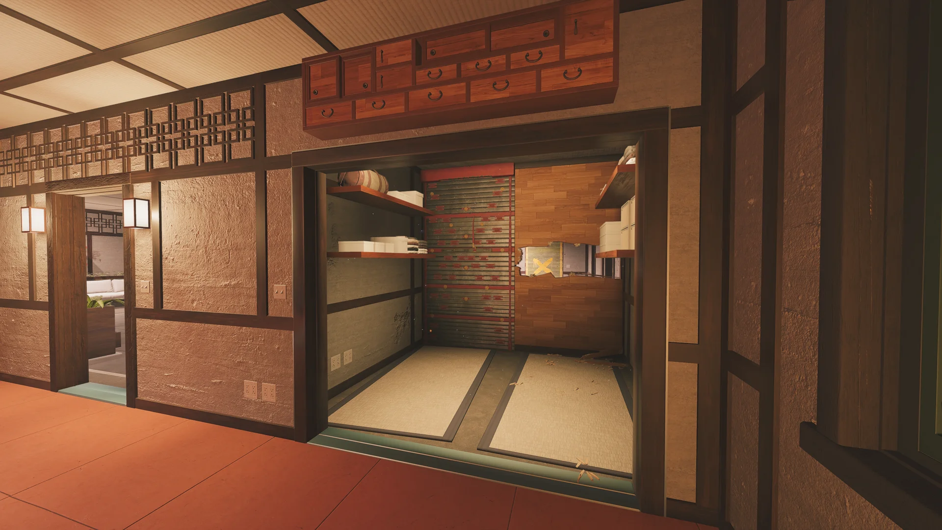 Tatami closet alcove on Skyscraper 1F with folded linens on shelves and a hole broken through the wooden back wall