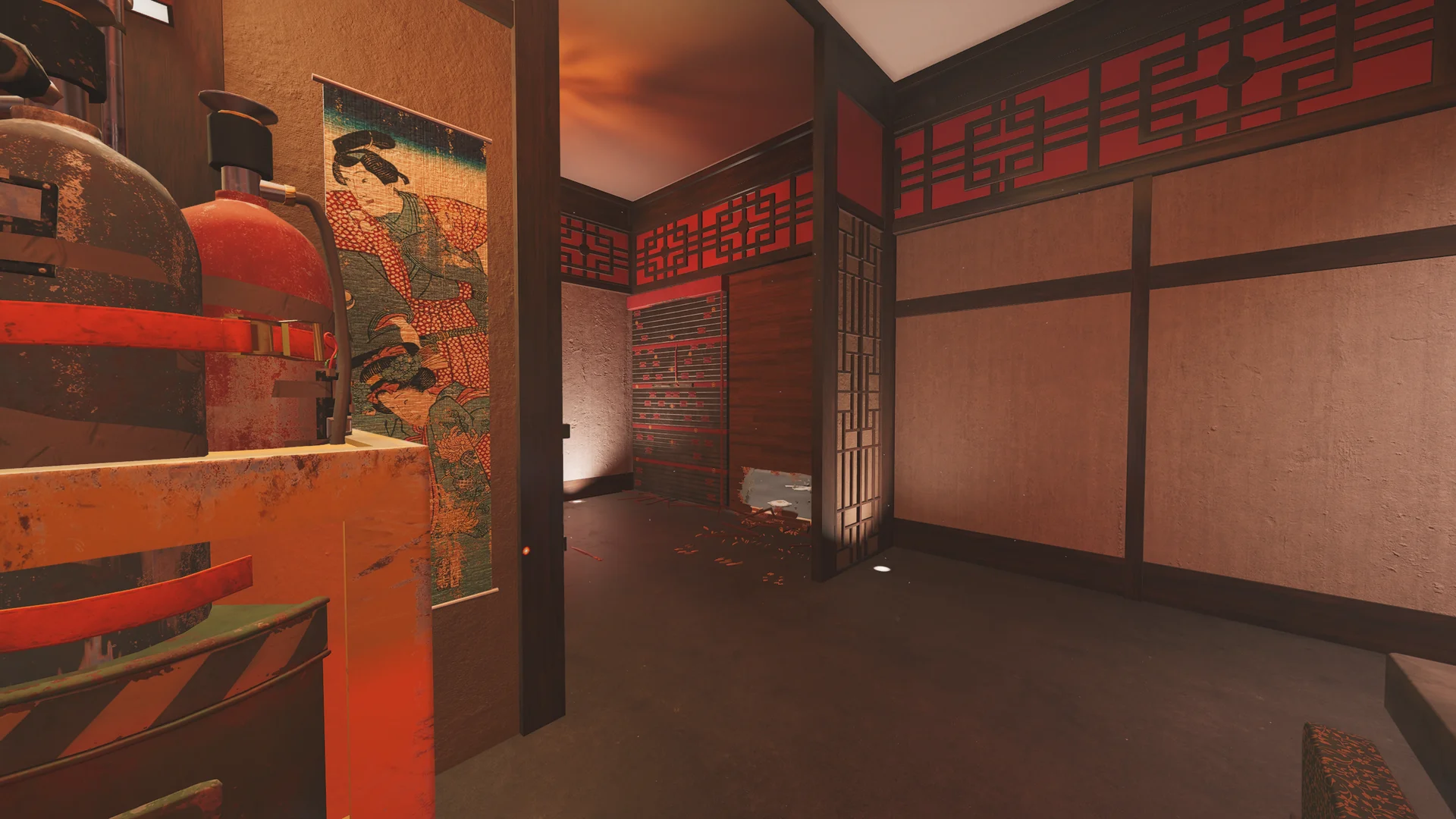 Dim room on Skyscraper 1F with large rusted gas cylinders, a hanging painted scroll of a woman, and red lattice screen panels
