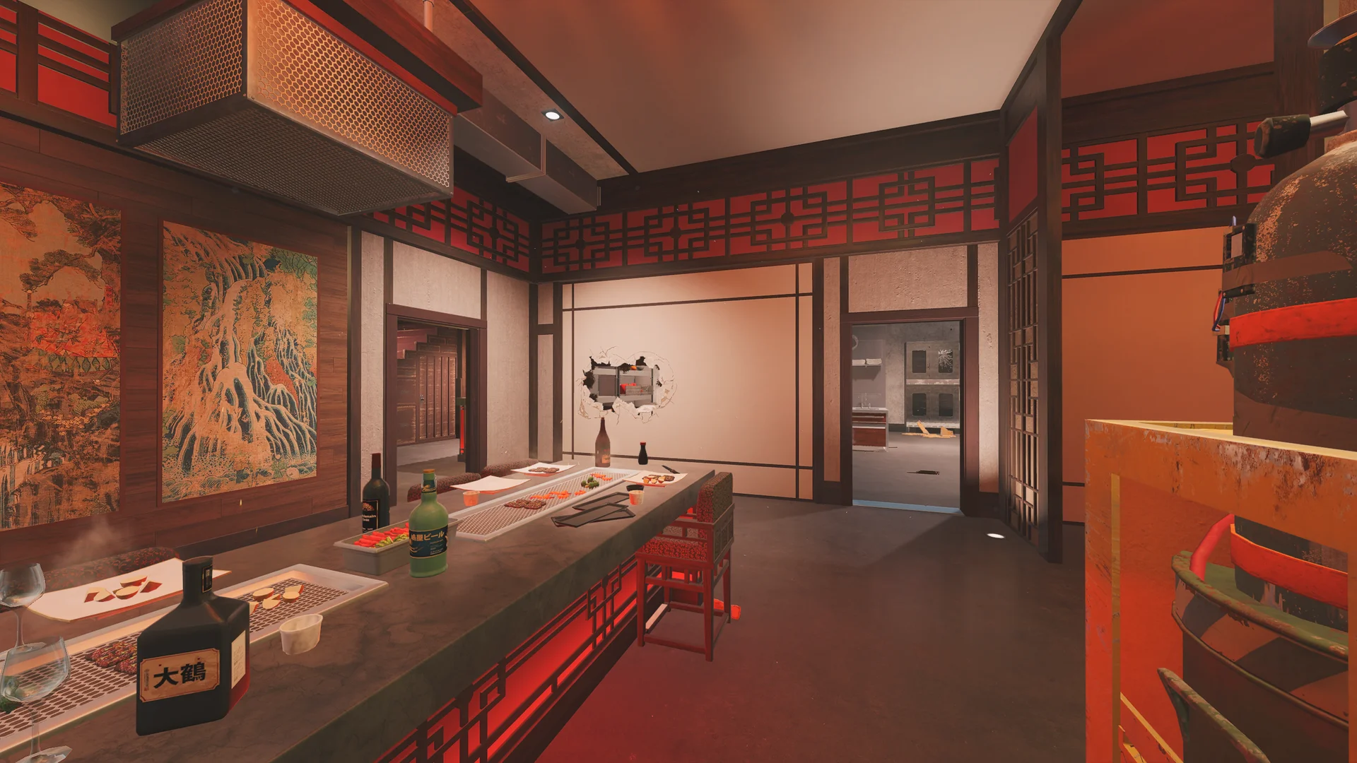 Dining room on Skyscraper 1F with a long grill counter, bottles and food, red stools, and a hole broken through a wall panel