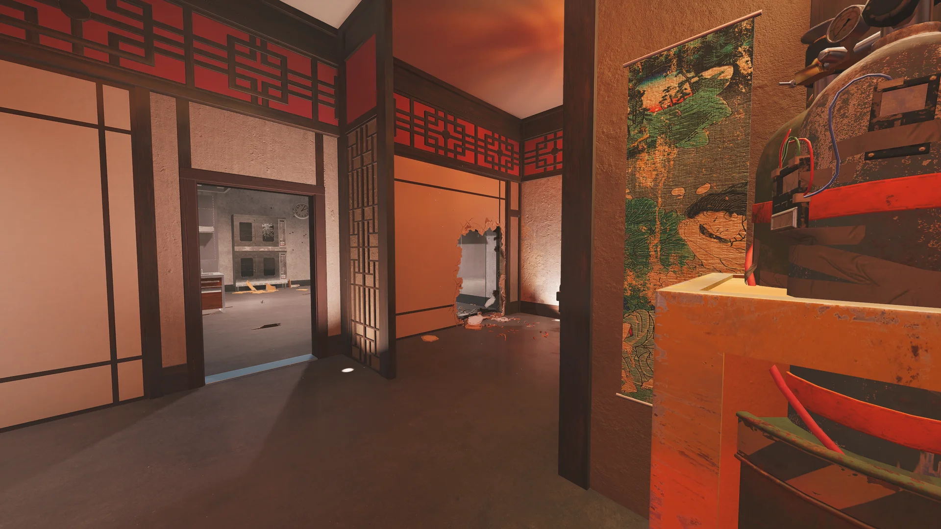 Corridor on Skyscraper 1F with a hanging scroll, a lattice screen, and a hole broken through a wall panel by a gas cylinder