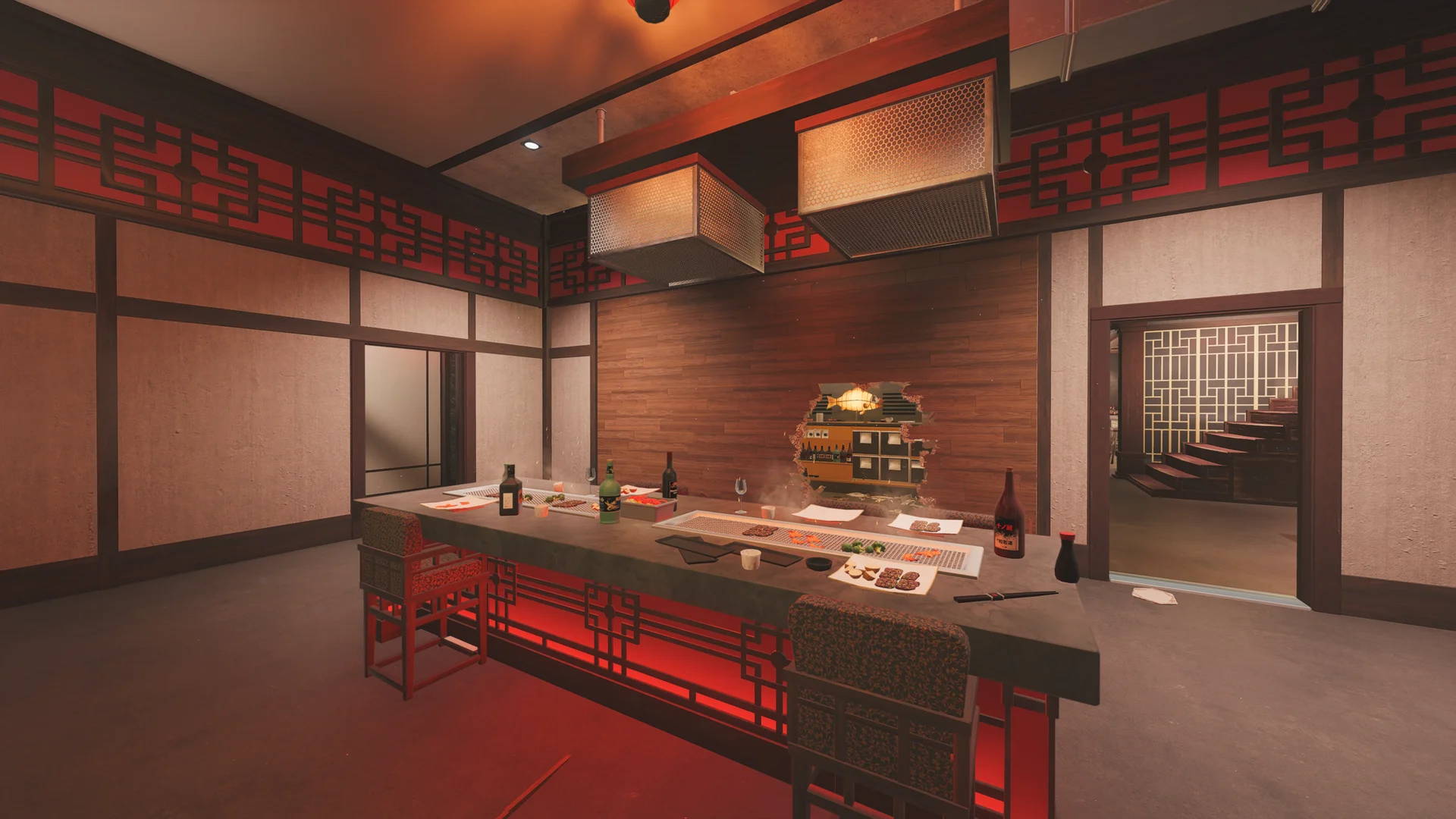 Grill dining room on Skyscraper 1F with a central cook counter, patterned stools, hoods, and a hole in the back wall
