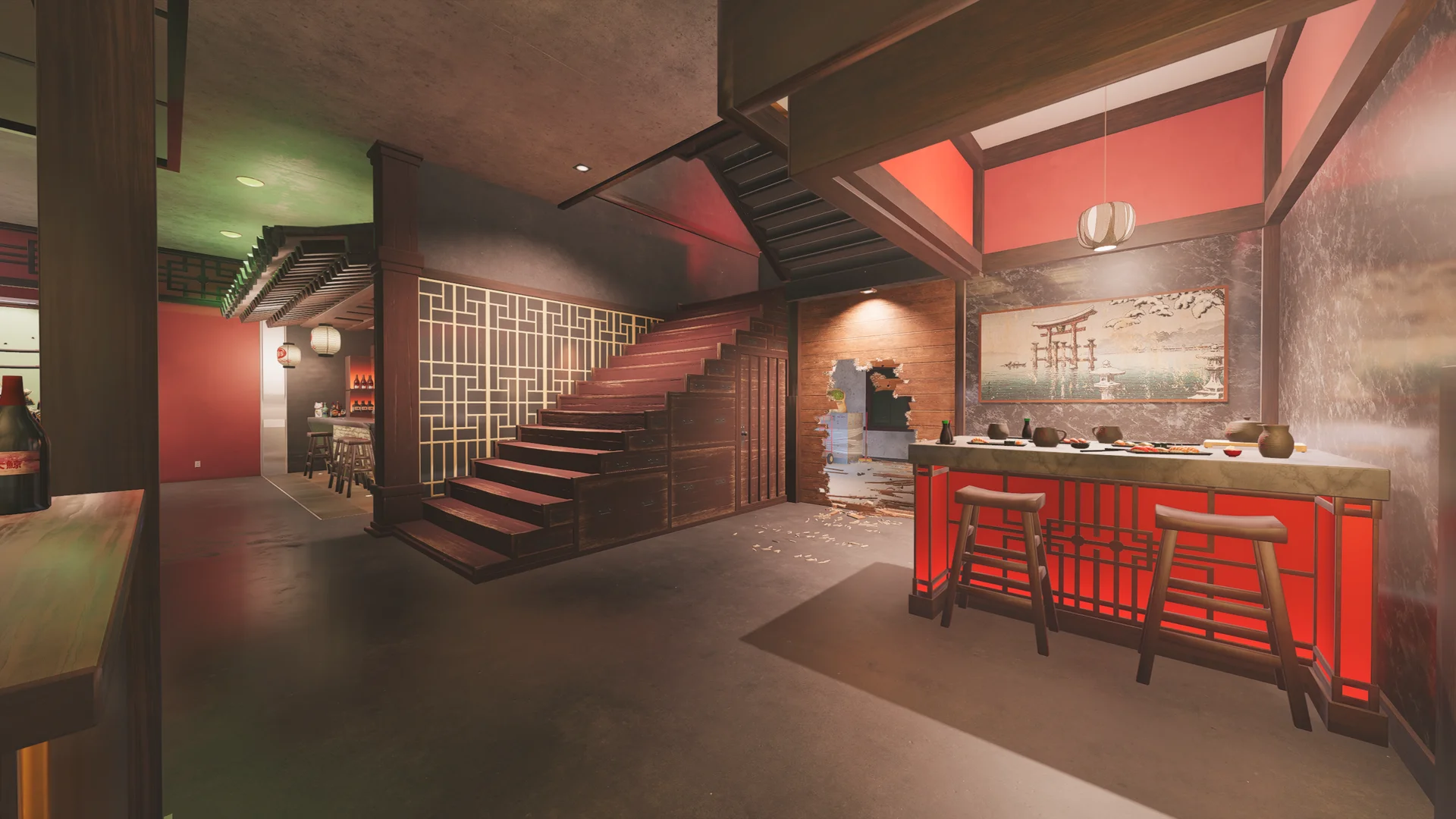Lower floor on Skyscraper 1F with a wooden step-chest staircase, a gold lattice screen, a bar, and a dining counter