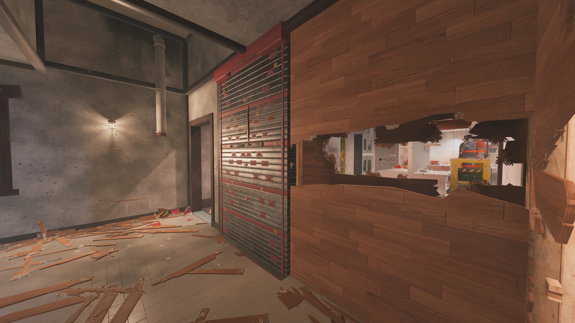 Concrete room on Skyscraper 1F with a tall slatted cabinet and a large jagged hole through a wood wall into a kitchen
