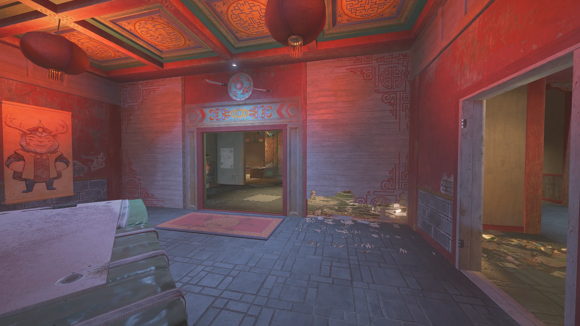 Red room on Theme Park 1F with a coffered painted ceiling, red lanterns, a wall scroll, and crossed swords over a doorway