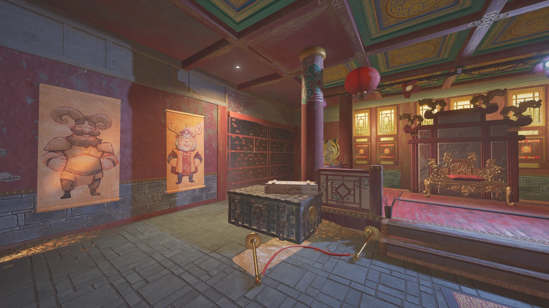 Red room on Theme Park 1F with cartoon-character wall scrolls, a studded chest, and an ornate gold dragon-carved throne