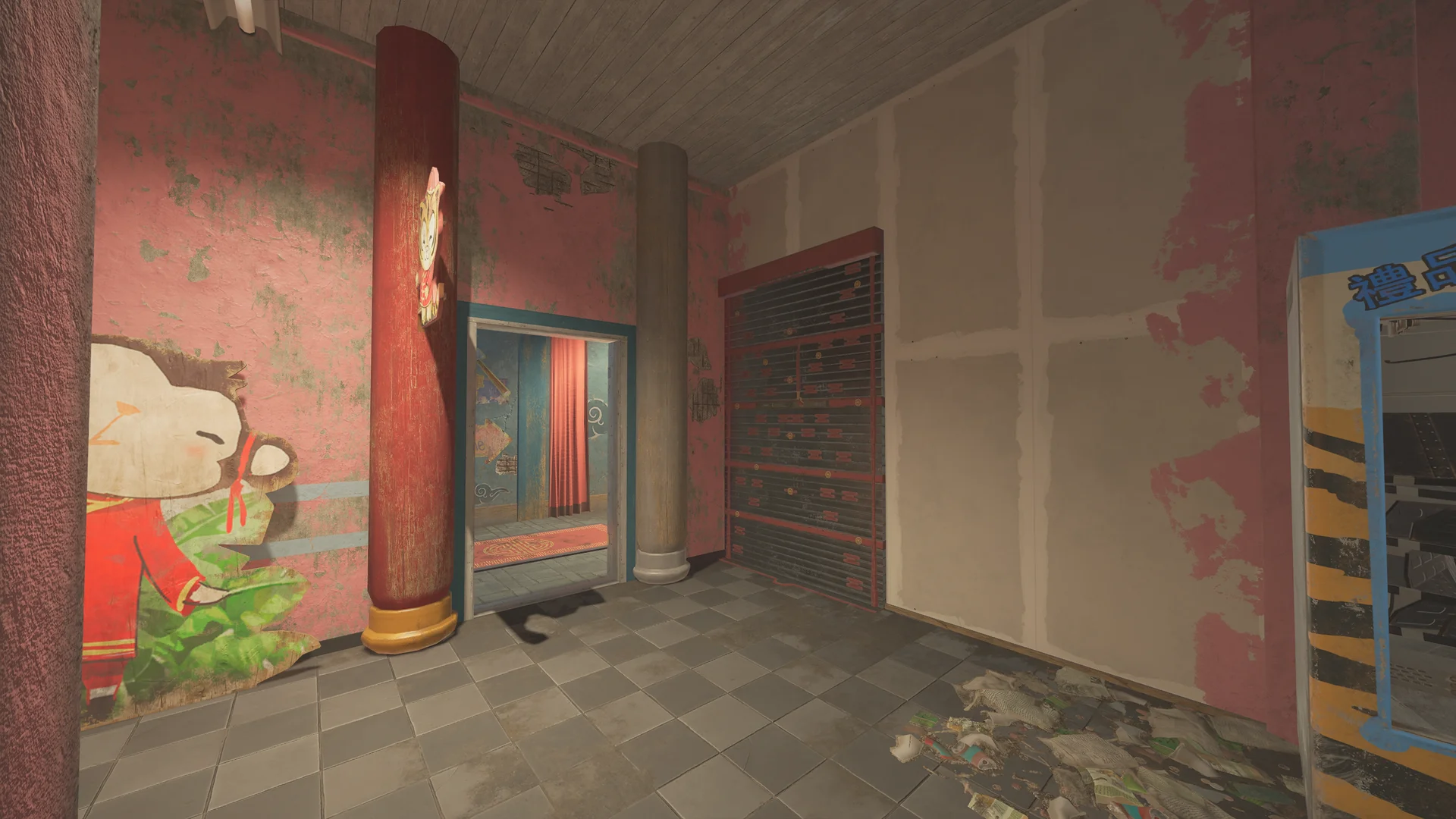Worn room on Theme Park 1F with a cartoon monkey mural, a slatted shutter, a curtained doorway, and a blue cabinet