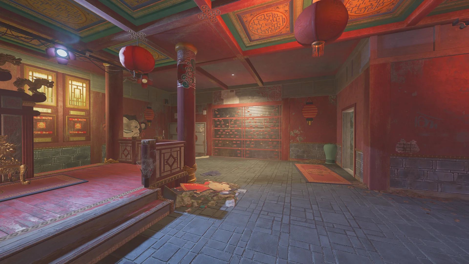 Ornate red hall on Theme Park 1F with a painted coffered ceiling, red lanterns, a gilded seat, and a slatted cabinet
