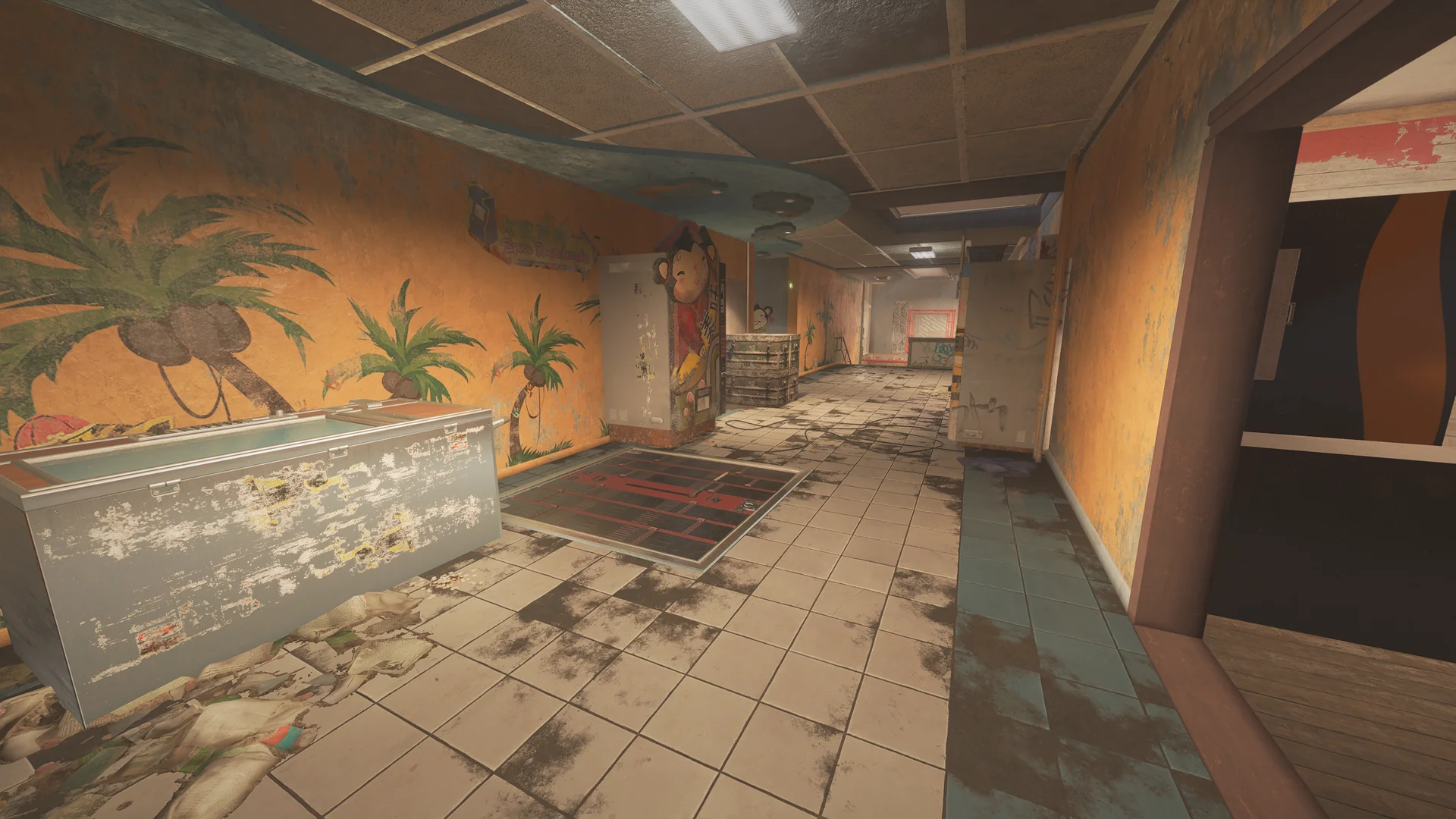 Corridor on Theme Park 1F with palm-tree wall murals, a chest freezer, and an open floor hatch on a grimy tiled floor