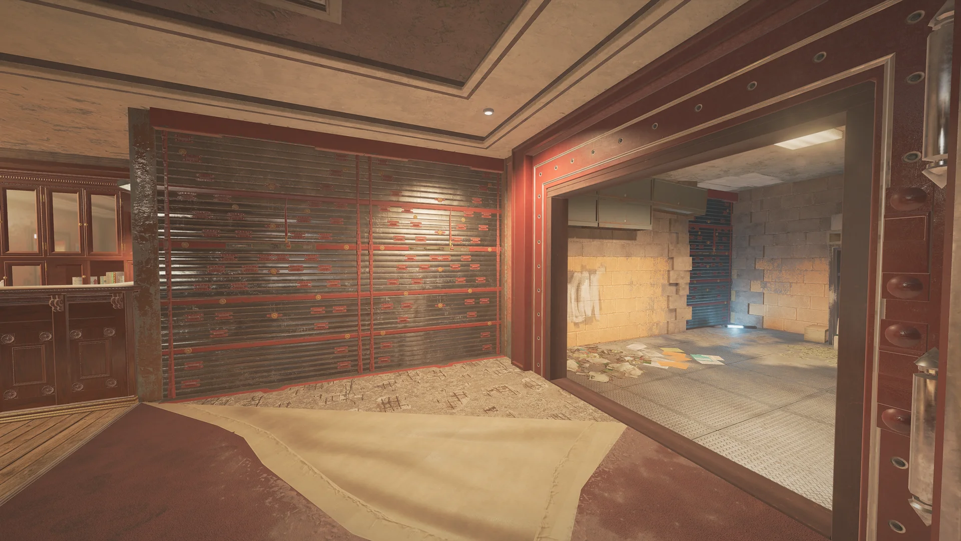 Carpeted room on Theme Park 2F with a slatted cabinet and an open doorway into a cinderblock room with a blue locker