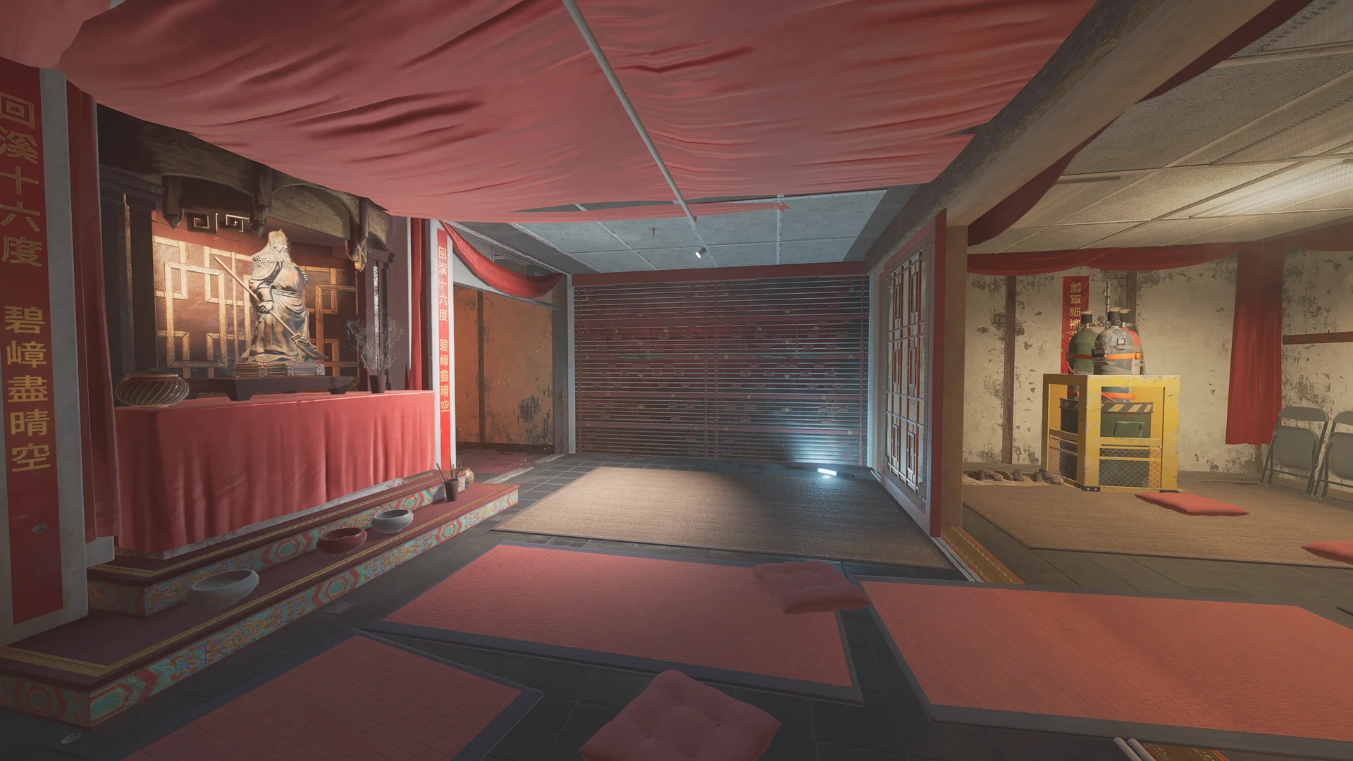 Shrine room on Theme Park 2F with a robed warrior statue on a red altar, offering bowls, tatami mats, and hanging banners