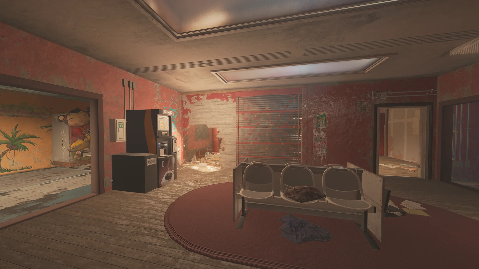 Waiting room on Theme Park 2F with plastic chairs on a red rug, a coffee vending machine, and a slatted shutter