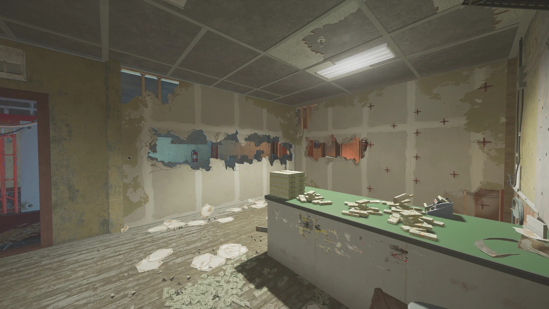 Stripped back room on Theme Park 2F with holes broken through drywall and a green counter stacked with banknotes