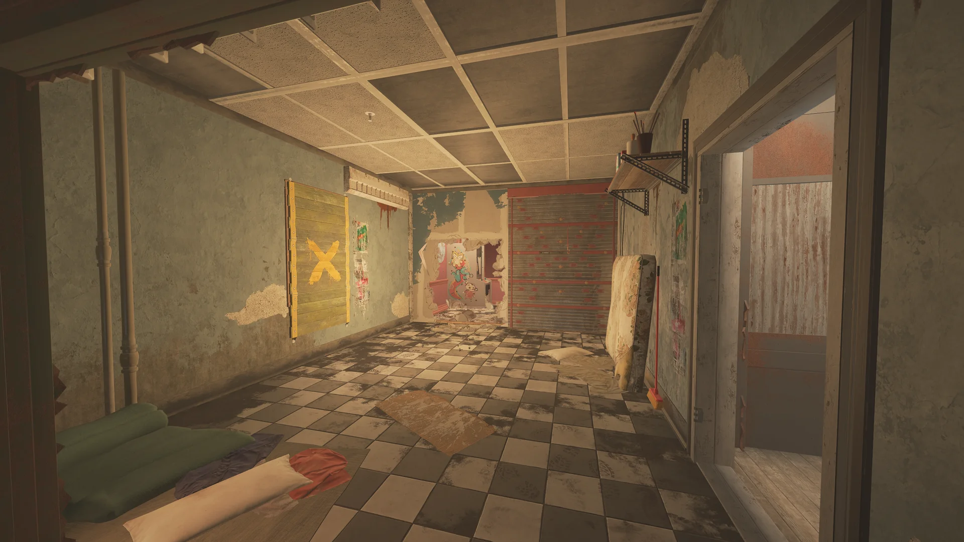 Dingy tiled room on Theme Park 2F with a yellow board marked with an X, floor bedrolls, and a broken wall opening