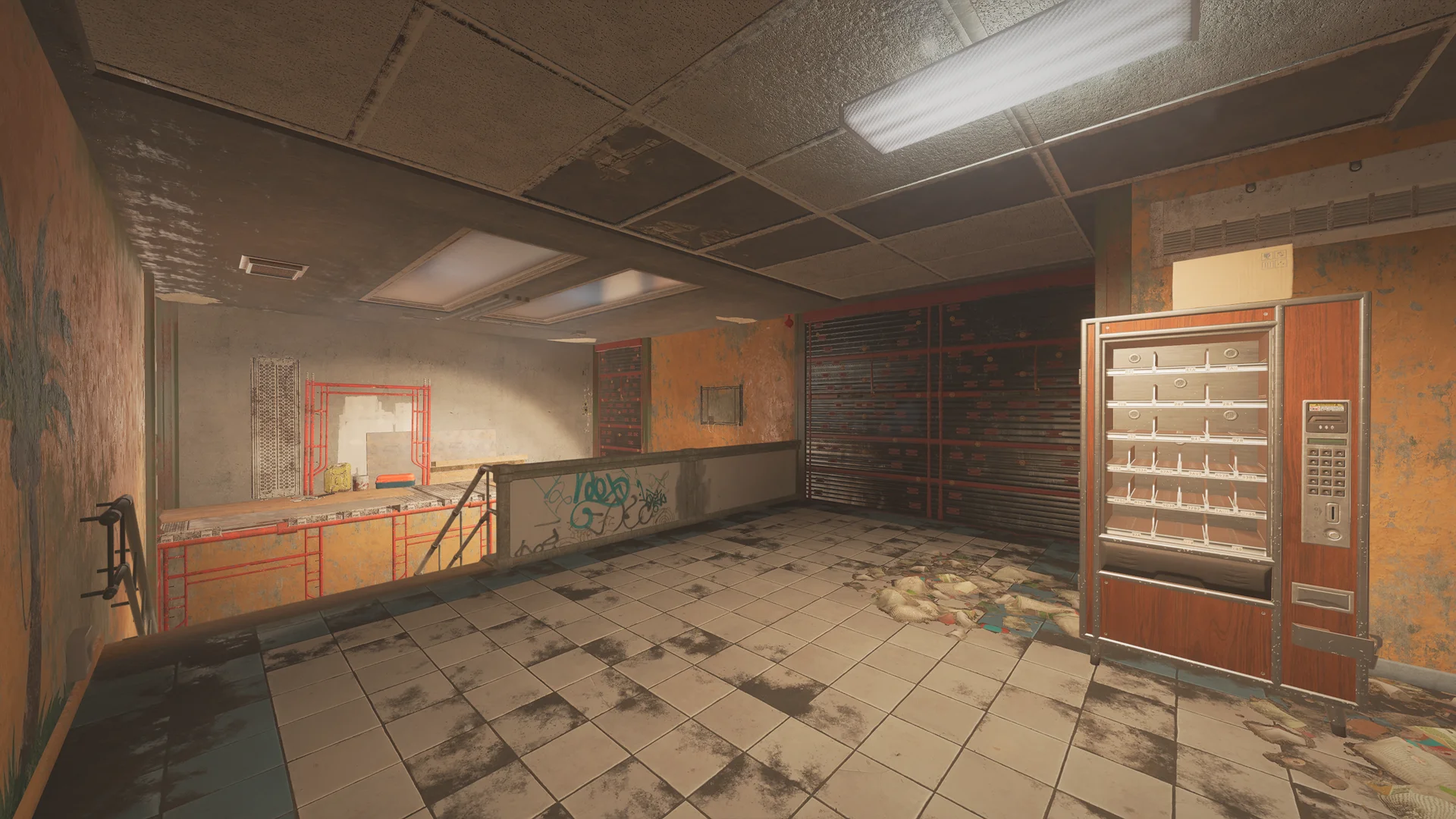 Run-down concourse on Theme Park 2F with a vending machine, a slatted shutter, and a graffiti-tagged half-wall