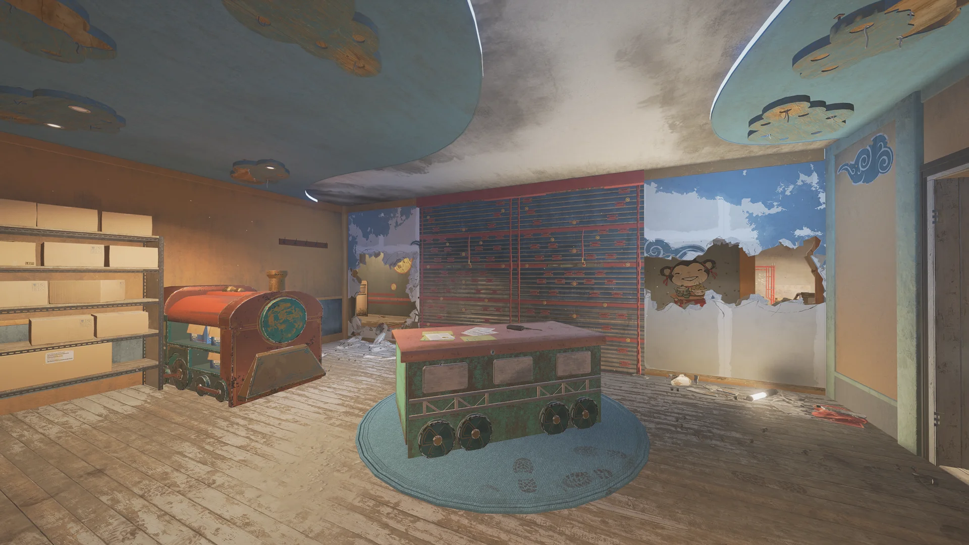 Nursery-themed room on Theme Park 2F with a painted sky ceiling, a toy train, boxed shelving, and broken wall holes