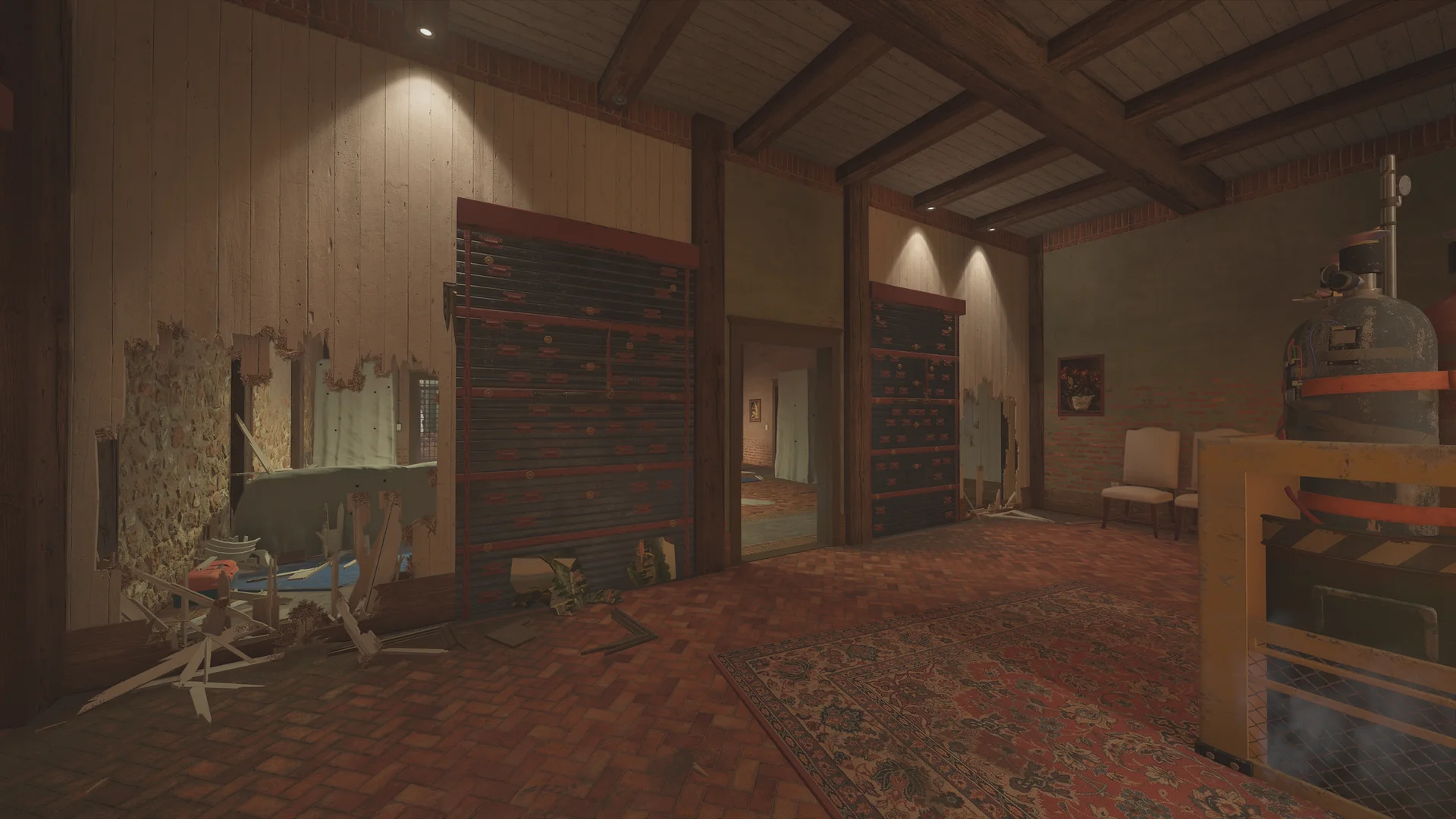 Room on Villa 1F with two red-and-black slatted panels, a broken wall opening, a red rug, and a gas cylinder on a cart