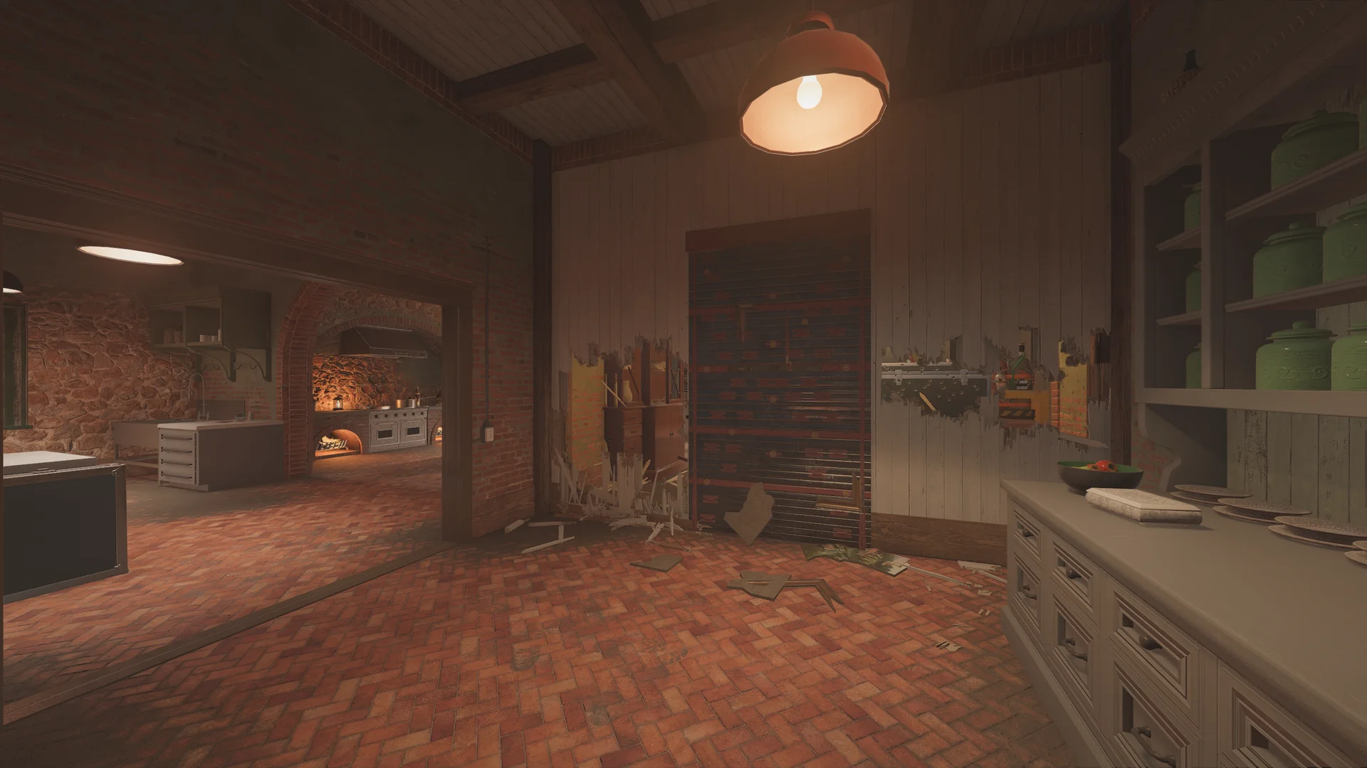 Rustic kitchen on Villa 1F with a brick arch to an oven room, white cabinets with green canisters, and a slatted shutter