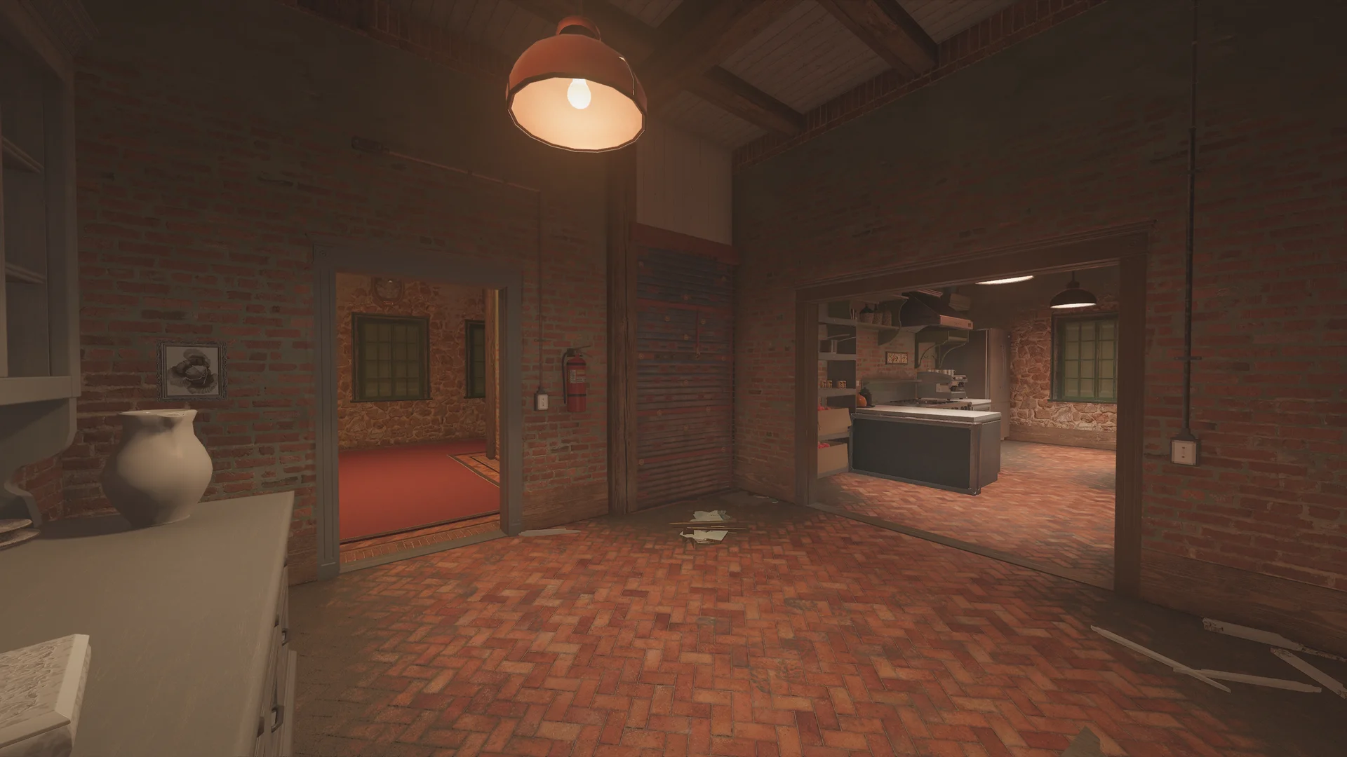 Brick-walled room on Villa 1F with a hanging lamp, a white pitcher, a slatted panel, and a doorway to a red-carpeted room