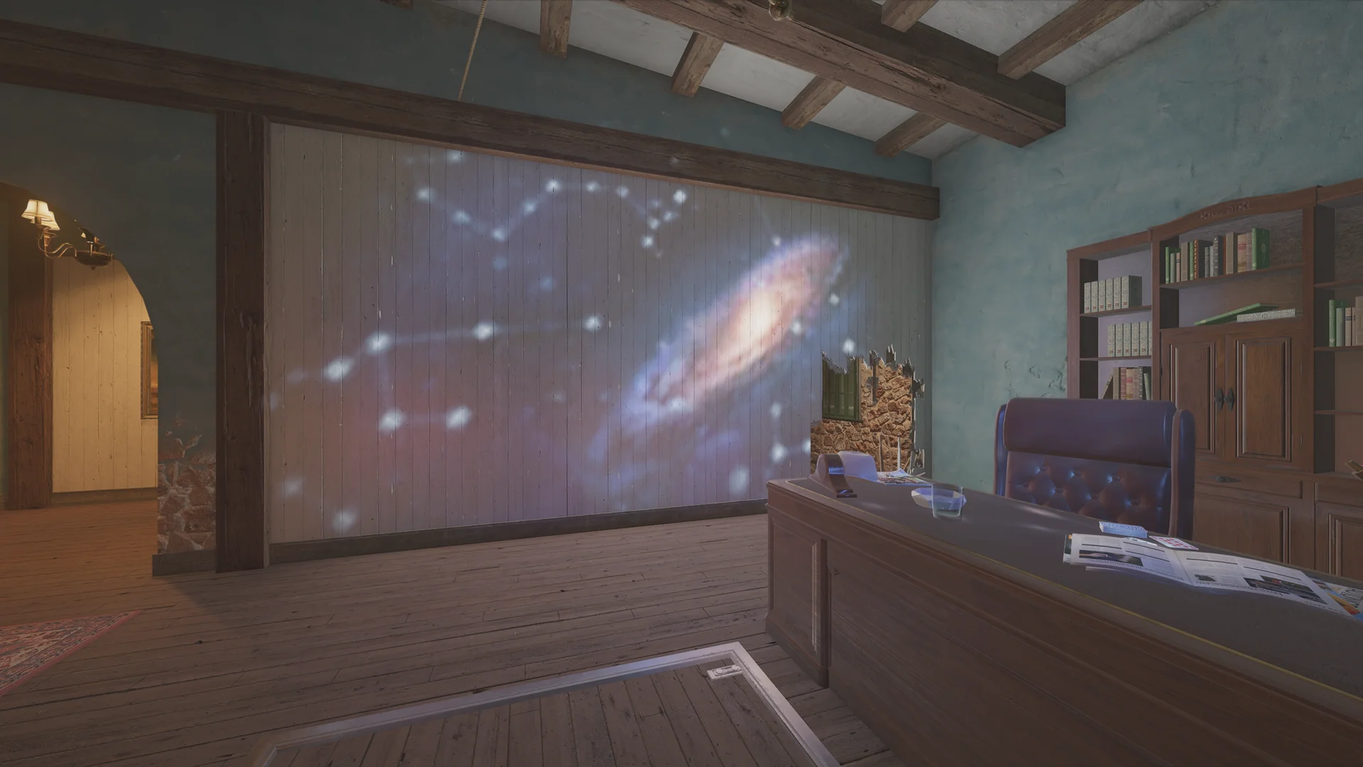 Study on Villa 1F with a galaxy image on a plank wall, a wooden desk and leather chair, a bookshelf, and an open floor hatch