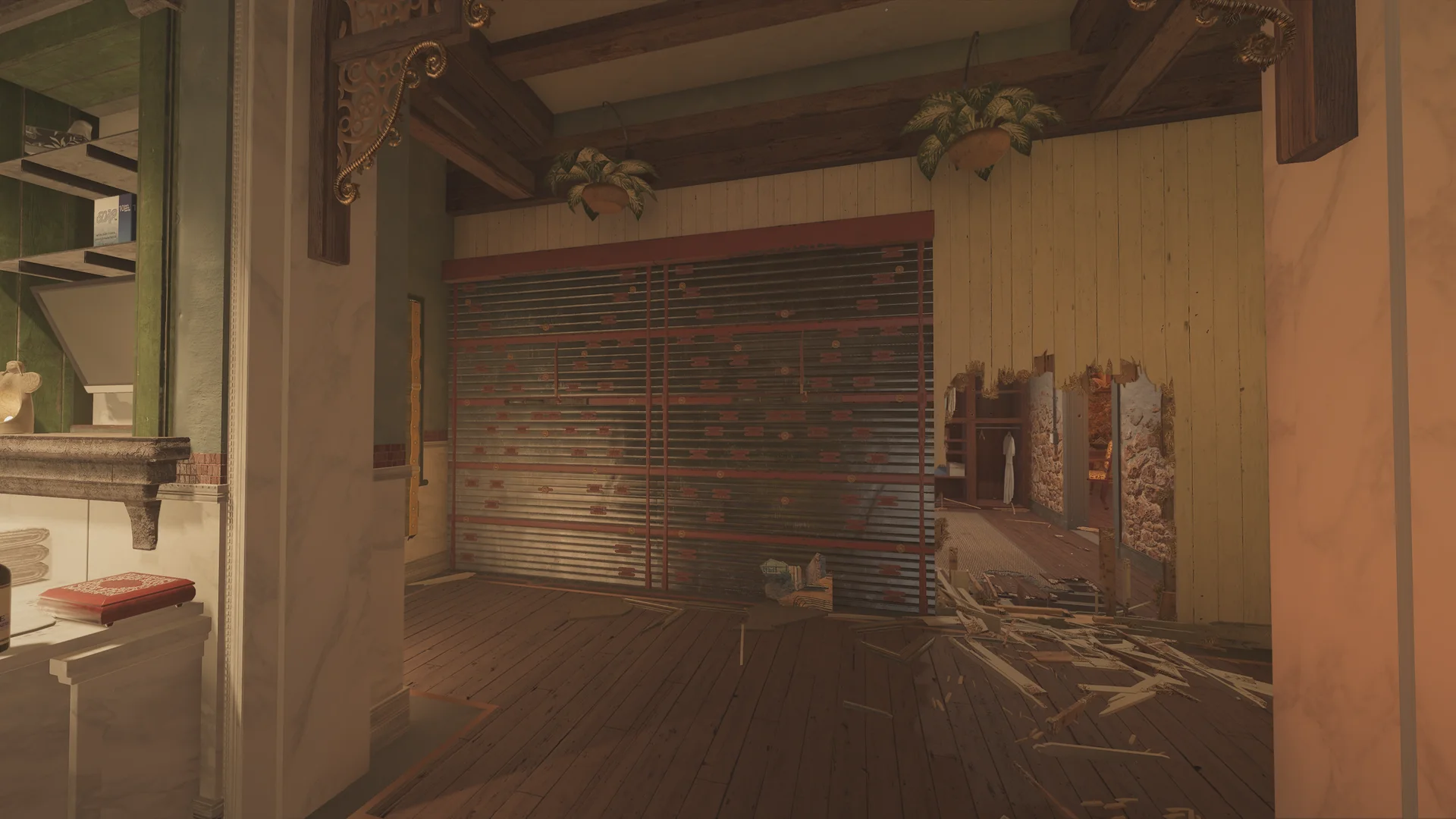 Room on Villa 2F with a red-and-black slatted shutter, hanging potted plants, and a broken wall opening revealing stone