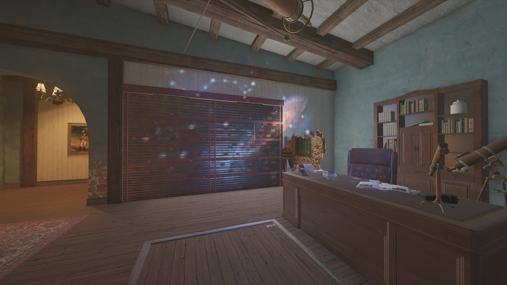 Study on Villa 2F with a slatted panel wall, a projected galaxy image, a wooden desk, a bookshelf, and a telescope