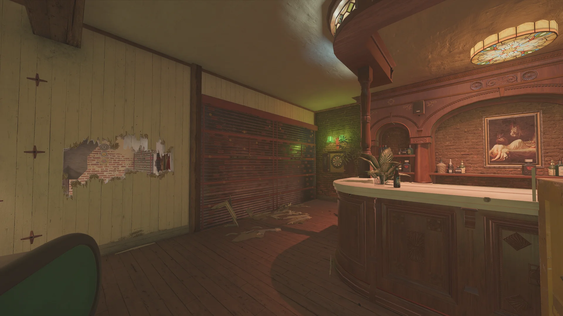 Bar on Villa 2F with a curved wooden counter, a stained-glass ceiling light, a dartboard, and a broken wall opening to brick